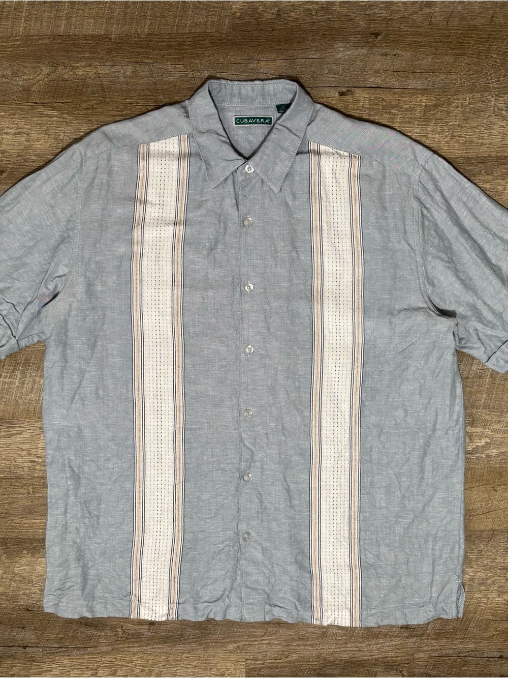 Cubavera Button Up Linen Shirt Men's L Blue Pattern Pleated
